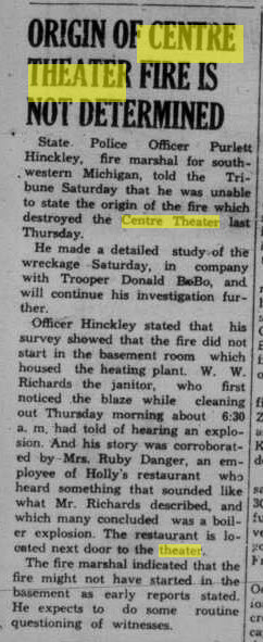 Centre Theater - Feb 5 1945 Article On Fire Investigation